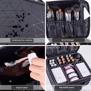 Diamond PU Travel Cosmetic Bag, Portable Cosmetic Bag With Adjustable Dividers, Makeup Brush Organizer, Makeup Suitcase For Women