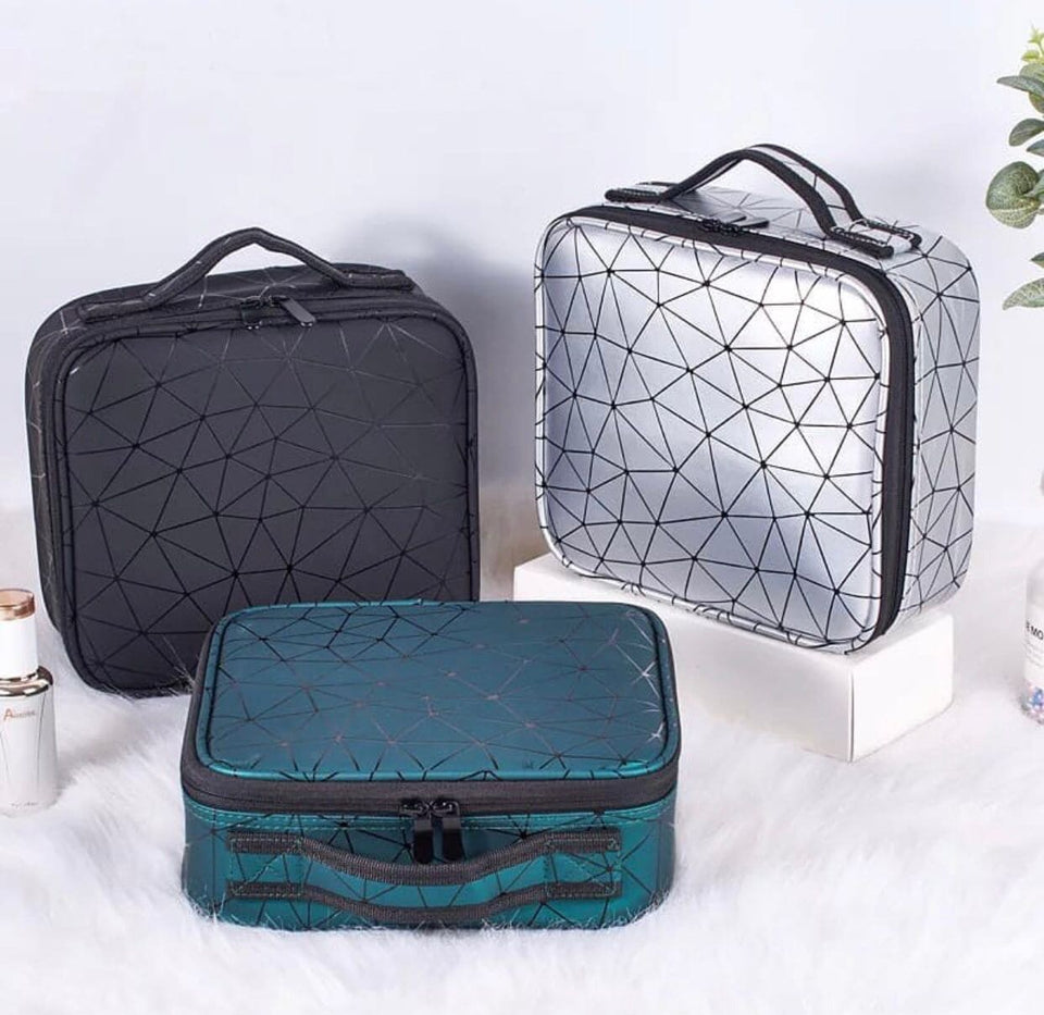 Diamond PU Travel Cosmetic Bag, Portable Cosmetic Bag With Adjustable Dividers, Makeup Brush Organizer, Makeup Suitcase For Women