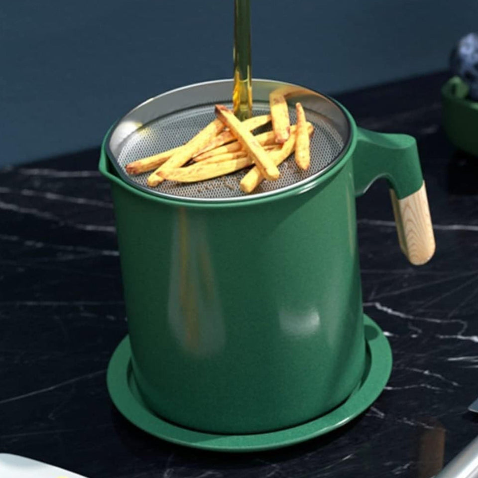 Deluxe Stainless Steel Oil Filter Pot with Fine Mesh Strainer and Handle